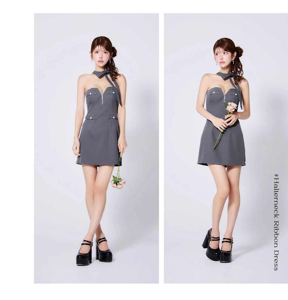 【ROBE de FLEURS/ローブドフルール】2way/ ネックリボン/ バストジップ/ タイト/ ミニドレス/ キャバドレス 1