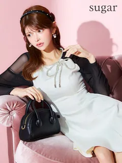 【GINZA COUTURE/銀座クチュール】リボン/ サテン/ チュールネット/ ラインストーン/ 長袖/ Aライン/ フレア/ ミニドレス/ キャバドレス