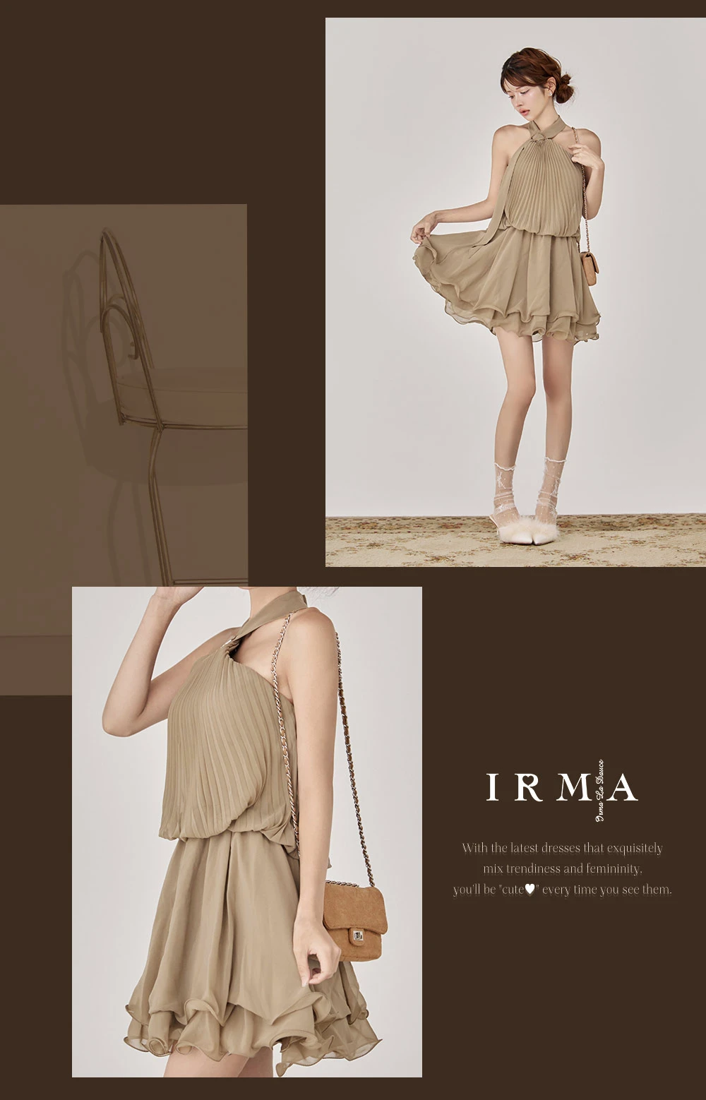 【IRMA/イルマ】スカーフ風/ プリーツ/ シフォン/ メロウ/ ノースリーブ/ フレア/ ミニドレス/ キャバドレス3