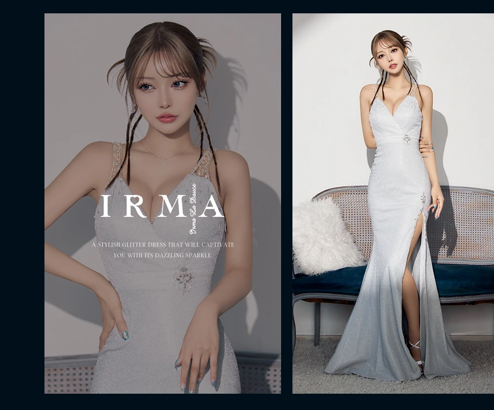 sugarオリジナルカラーあり【IRMA/イルマ】ストレッチ/ パール/ ビジュー/ ラメニット/ ノースリーブ/ スリット/ ロングドレス/ キャバドレス long2