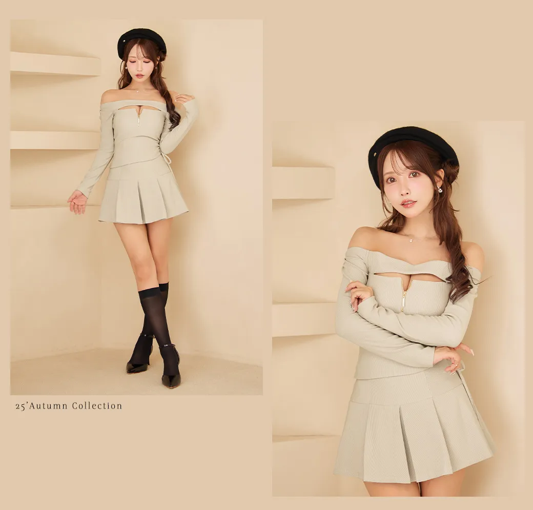 【Glossy/グロッシー】オフショルダー/ ロングスリーブ/ バストカット/ フレア/ セットアップ/ ミニドレス/ キャバドレス