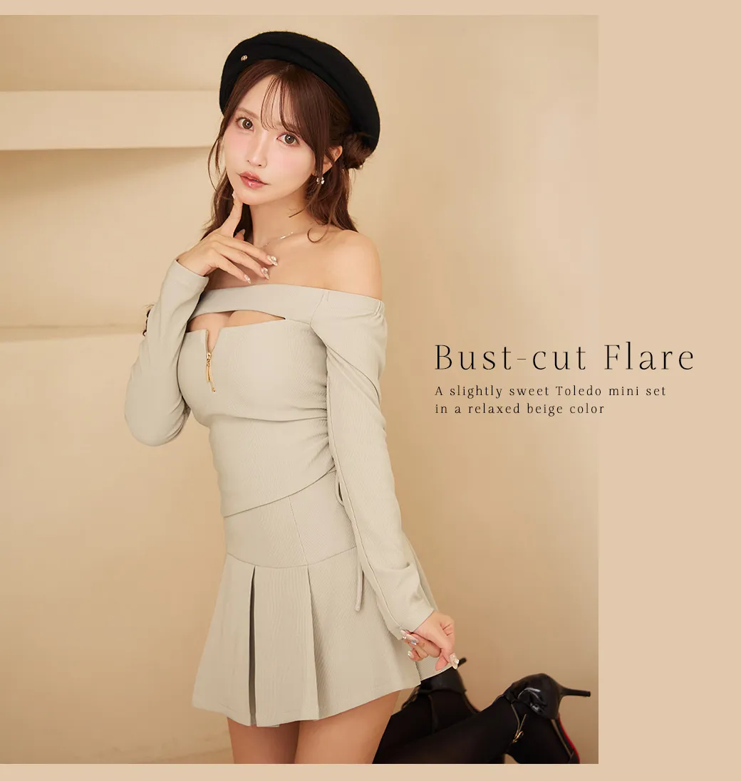 【Glossy/グロッシー】オフショルダー/ ロングスリーブ/ バストカット/ フレア/ セットアップ/ ミニドレス/ キャバドレス