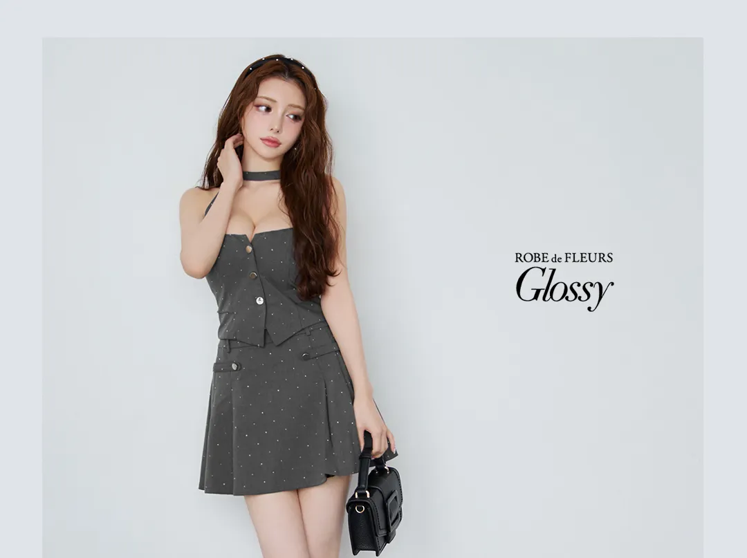 【Glossy/グロッシー】ストーン付き/ ホルター/ シルバーボタン/ フレア/ セットアップ/ ミニドレス/ キャバドレス3