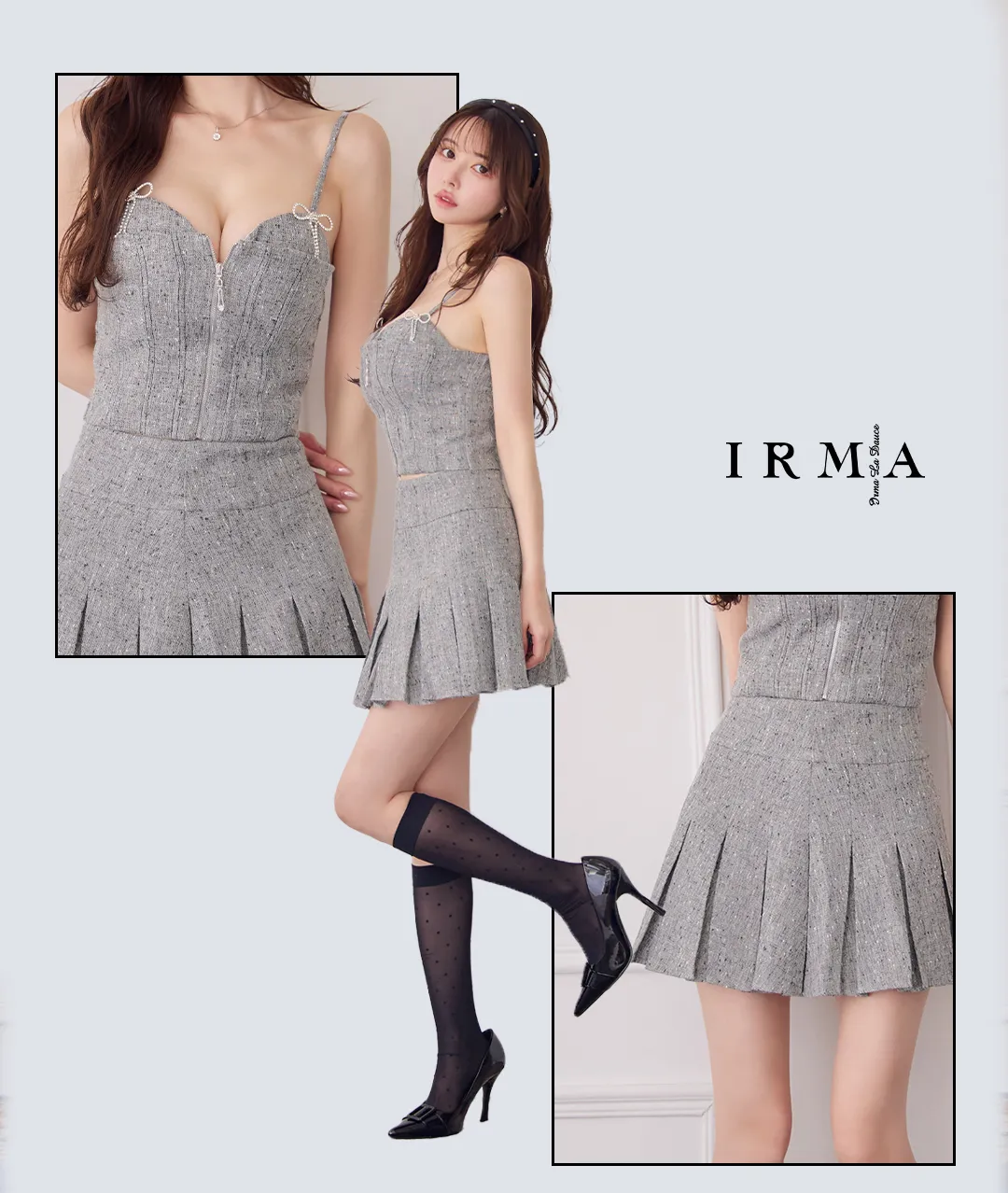 【IRMA/イルマ】ミックスツイード/ フロントジップ/ リボンブローチ/ キャミソール/ プリーツ/ フレア/ セットアップ/ ミニドレス/ キャバドレス2