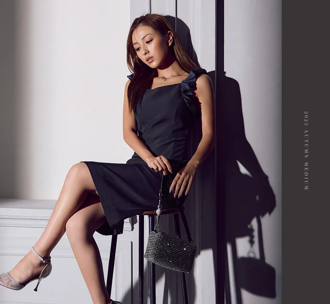 【GINZA COUTURE/銀座クチュール】シンプル/ ワンカラー/ フリル/ ノースリーブ/ タイト/ 膝丈/ ミディアムドレス/ キャバドレス3