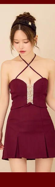 【ANGEL R/エンジェルアール】ノースリーブ/ クロスネックデザイン/ リボン/ ビジュー/ フレア/ マイクロミニドレス/ キャバドレス