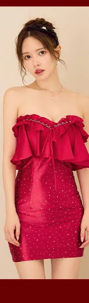 【ANGEL R/エンジェルアール】ベアトップ/ バストフリル/ ビジュー/ チェーン/ タイト/ マイクロ/ ミニドレス/ キャバドレス