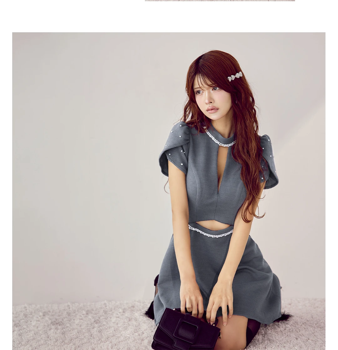 【IRMA/イルマ】パール/ ビジュー/ パフスリーブ/ ハイネック/ カットアウト/ ストレッチ/ フレア/ ミニドレス/ キャバドレス3