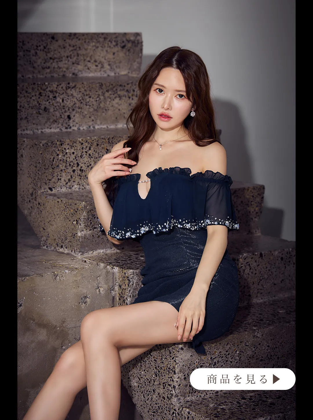 【ANGEL R/エンジェルアール】オフショルダー/ シフォン/ ビジュー/ Vカット/ ラメ/ タイト/ ミニドレス/ キャバドレス1