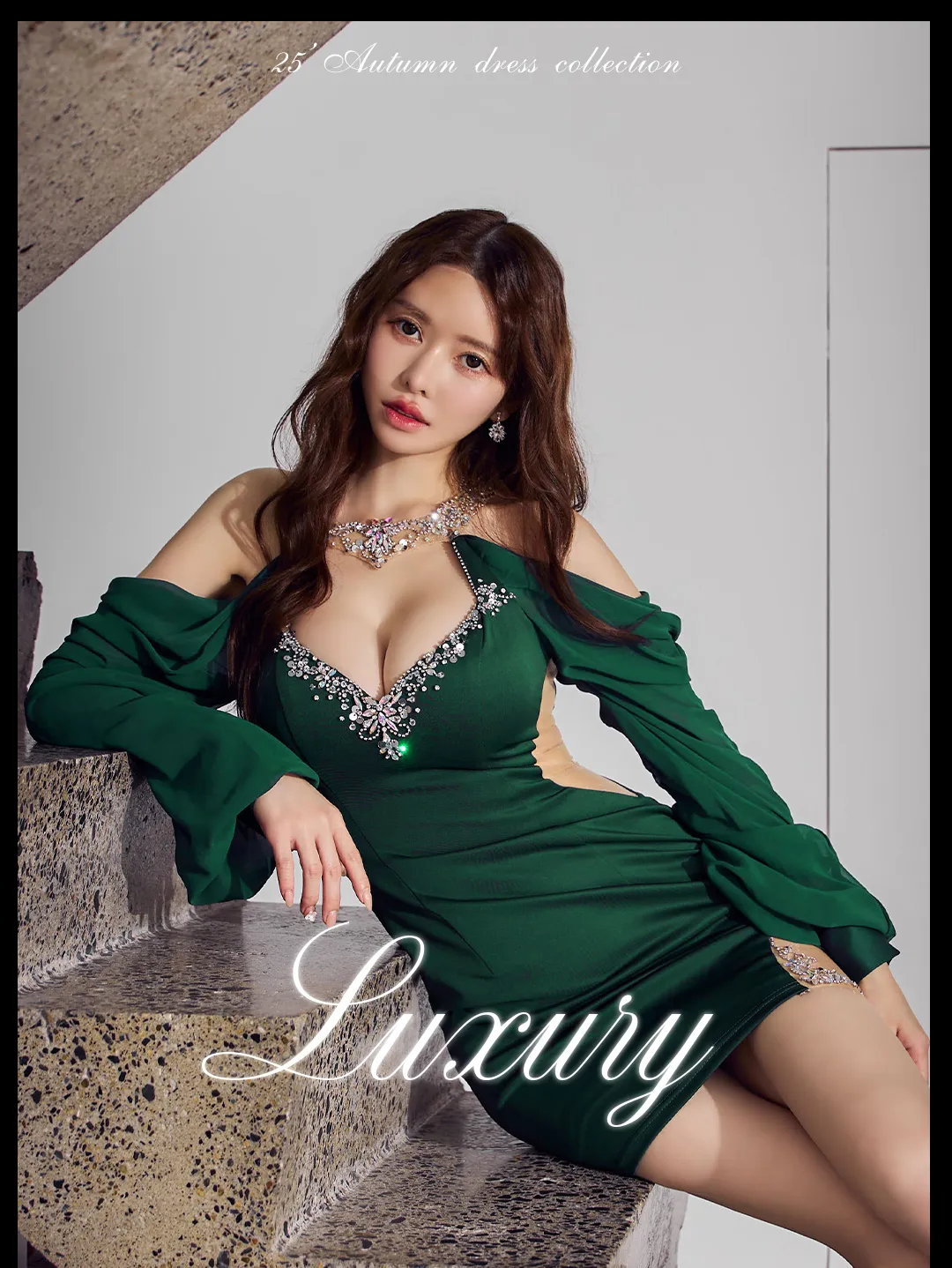 【ANGEL R/エンジェルアール】アメスリ/ ロングスリーブ/ シフォン/ ビジュー/ ショルダーカット/ メッシュ/ タイト/ ミニドレス/ キャバドレス1