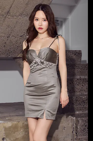 【ANGEL R/エンジェルアール】バストカット/ ショルダーリボン/ パールチェーン/ ビジュー/ タック/ サテン/ タイト/ ミニドレス/ キャバドレス5