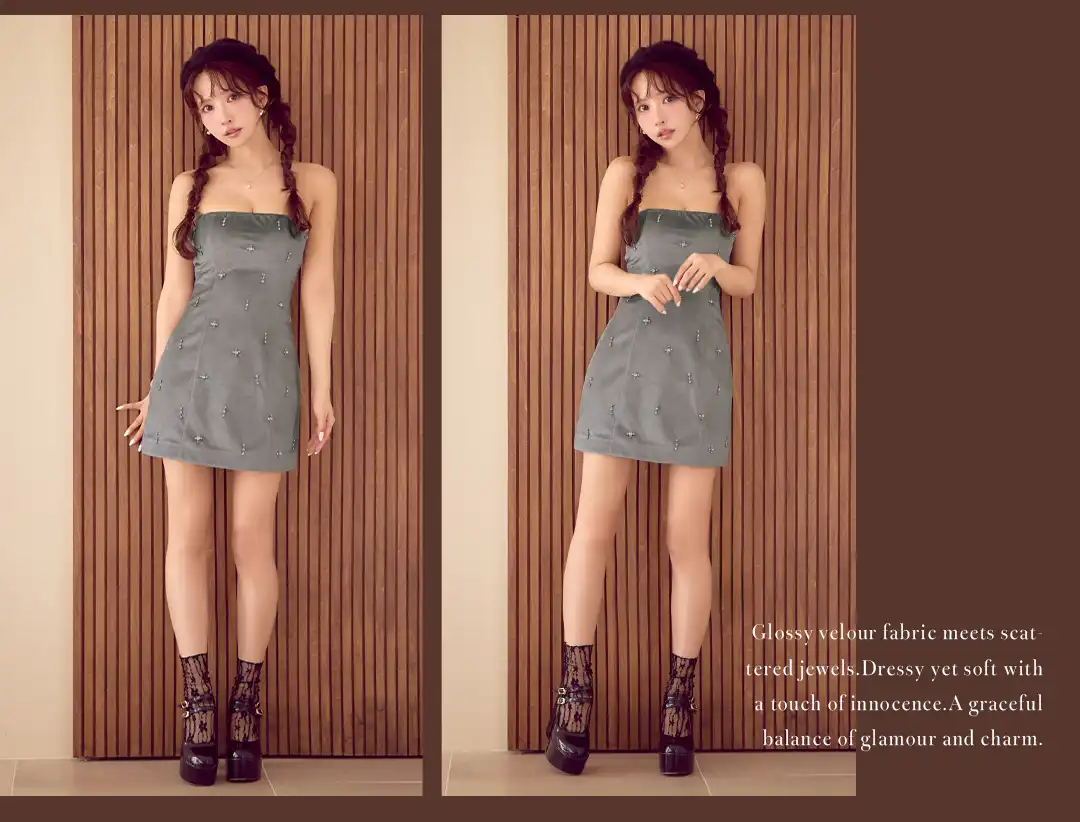 艶めくグレーベロアにきらめくビジュー
ドレッシーなのにどこか儚げなムード 3