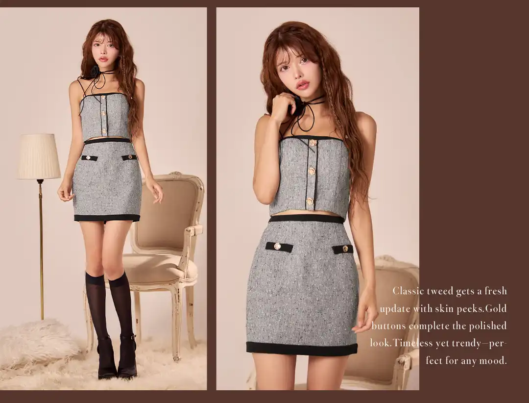 クラシカルなツイードを肌見せで更新
ゴールドボタンで映えもきちんと確保 3