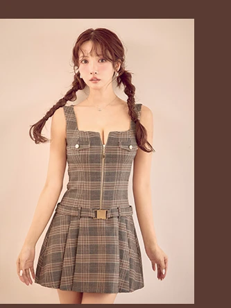 【DEA./ディア】Vカット/ ジップ/ チェック柄/ フレア/ ミニドレス/ キャバドレス