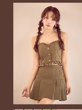 【ANGEL R/エンジェルアール】ベアトップ/ 2way/ フリル/ チェック/ フロントボタン/ プリーツ/ フレア/ マイクロミニドレス/ キャバドレス