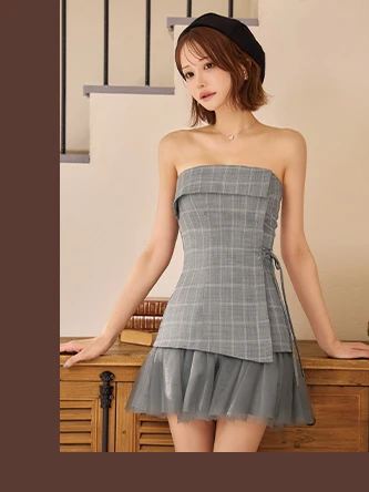 【ANGEL R/エンジェルアール】ベアトップ/ フリル/ チュール/ チェック/ フレア/ マイクロミニドレス/ キャバドレス