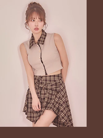 【an /アン】チェック柄/ 襟付き/ ノースリーブ/ 変形ヘムスカート/ フレア/ セットアップ/ ミニドレス/ キャバドレス
