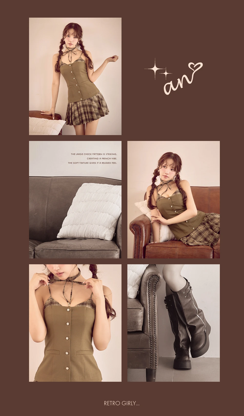 【an /アン】チョーカーリボン付き/ キャミ/ チェック/ プリーツ/ レイヤード風/ フレア/ ミニドレス/ キャバドレス2