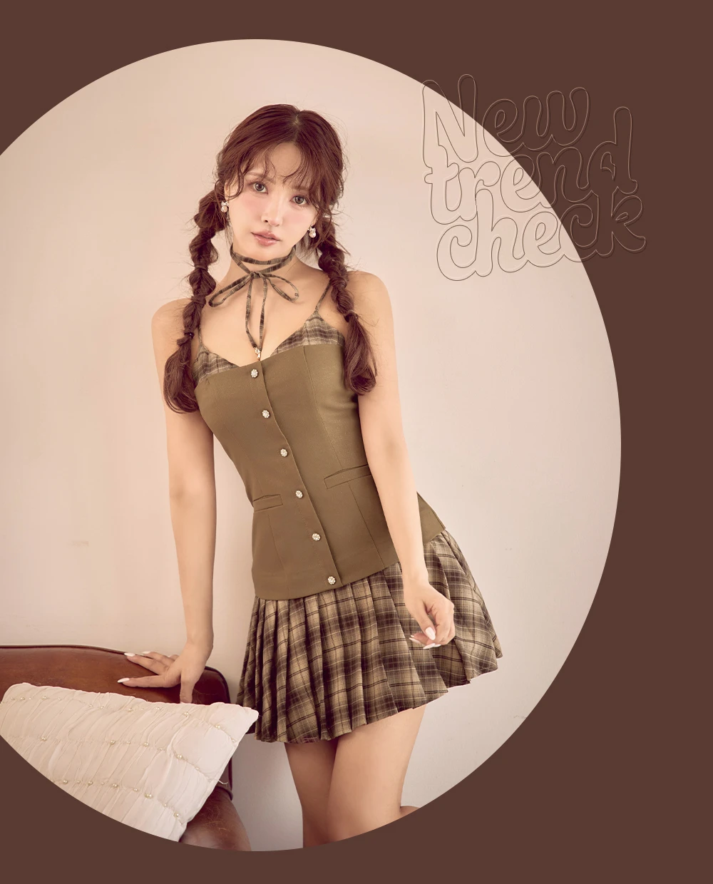 【an /アン】チョーカーリボン付き/ キャミ/ チェック/ プリーツ/ レイヤード風/ フレア/ ミニドレス/ キャバドレス3