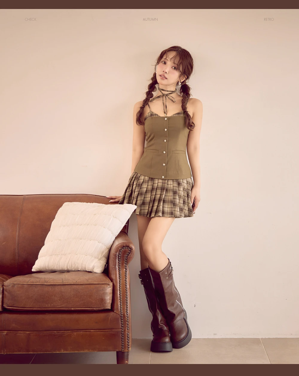 【an /アン】チョーカーリボン付き/ キャミ/ チェック/ プリーツ/ レイヤード風/ フレア/ ミニドレス/ キャバドレス4