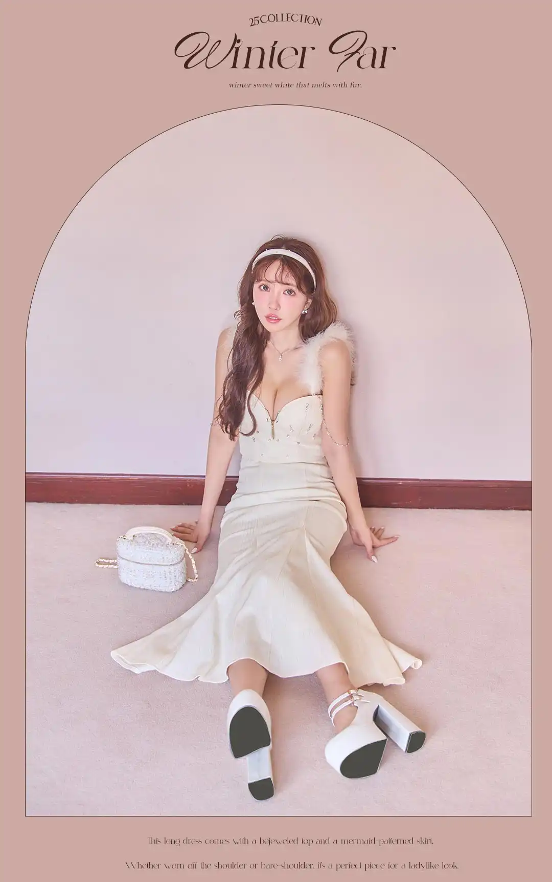 【Glossy/グロッシー】フェザーショルダー/ ビジュー/ リブ/ ロングドレス/ キャバドレス