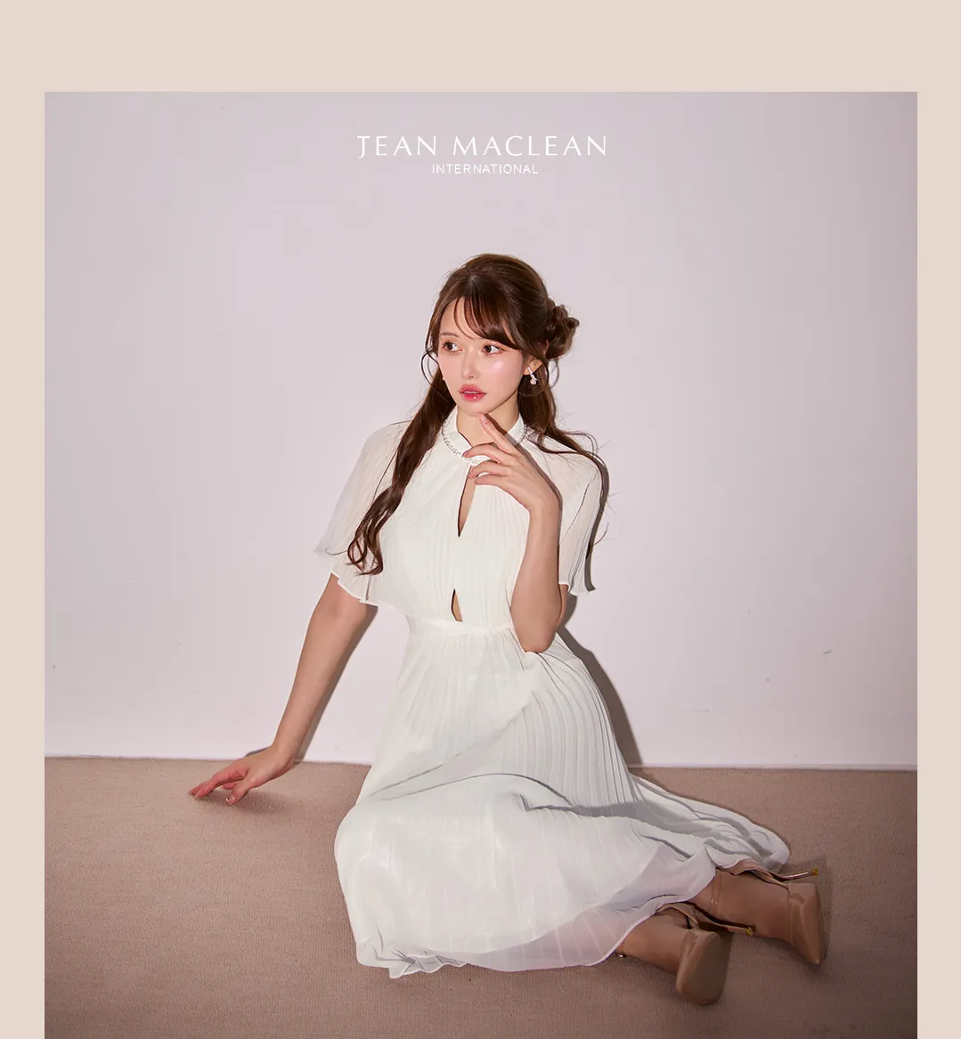 【JEAN MACLEAN/ジャンマクレーン】ネックビジュー/ ハーフスリーブ/ シフォン/ カットアウト/ プチハイネック/ プリーツ/ フレア/ ミディアムドレス/ キャバドレス3