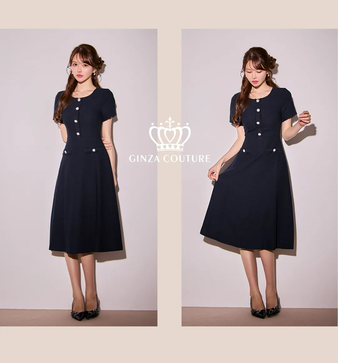 【GINZA COUTURE/銀座クチュール】シンプル/ ビジュー/ パールボタン/ 半袖/ 袖あり/ 膝丈/ フレア/ ミディアムドレス/ キャバドレス2