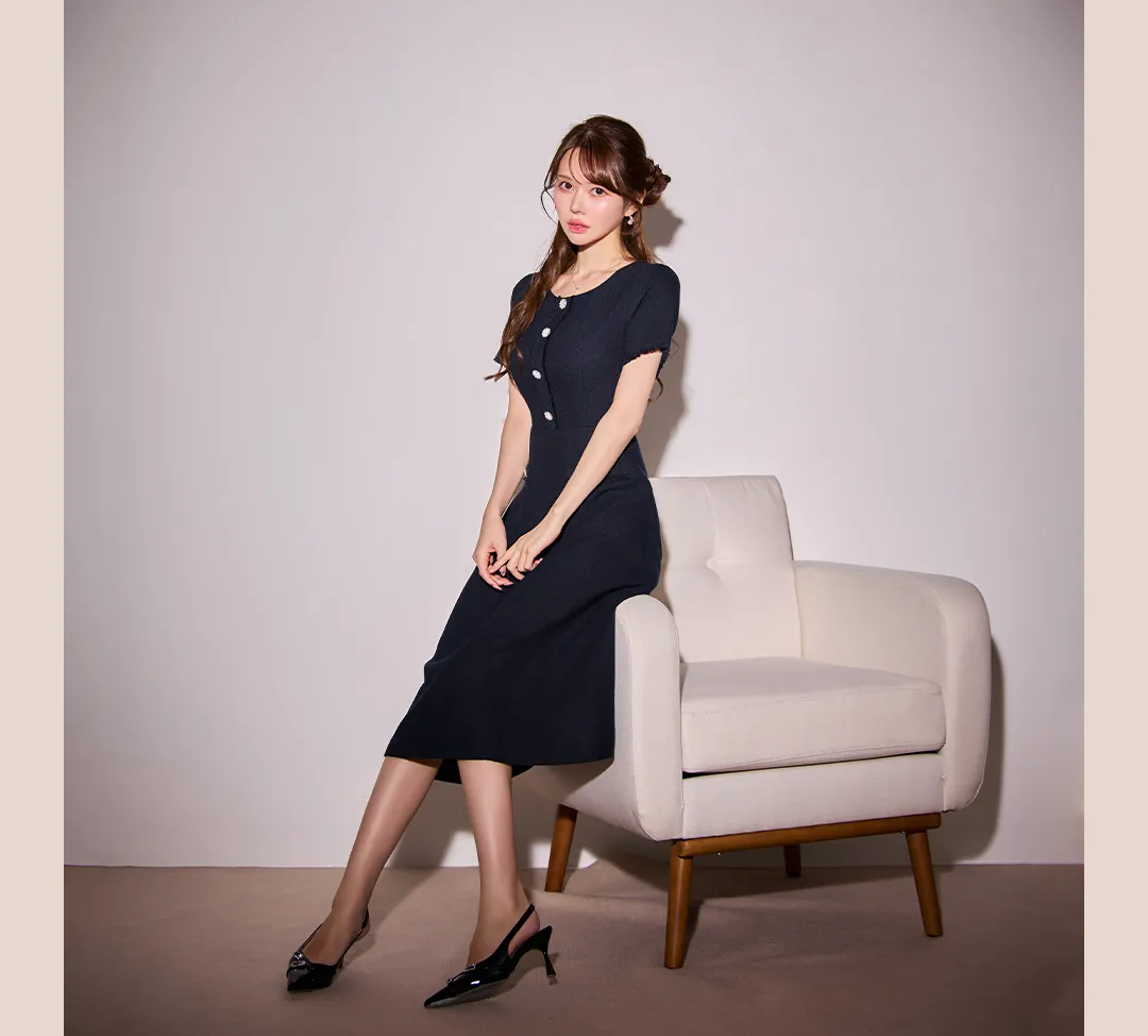 【GINZA COUTURE/銀座クチュール】シンプル/ ビジュー/ パールボタン/ 半袖/ 袖あり/ 膝丈/ フレア/ ミディアムドレス/ キャバドレス3