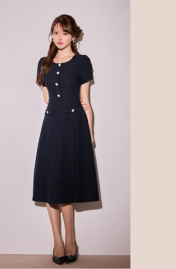 【GINZA COUTURE/銀座クチュール】シンプル/ ビジュー/ パールボタン/ 半袖/ 袖あり/ 膝丈/ フレア/ ミディアムドレス/ キャバドレス5