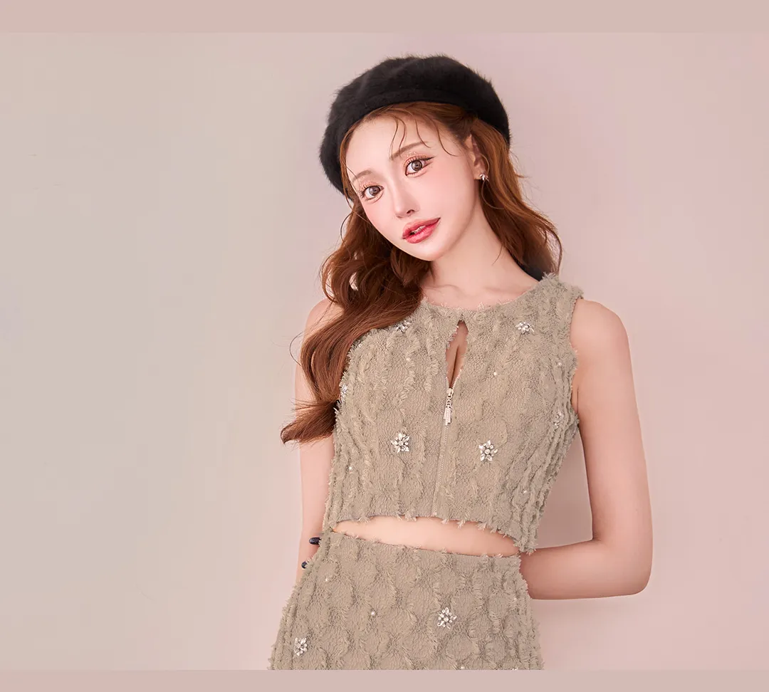 フリンジ / ニット / ベージュ / セットアップ / クロップド / タイト / エレガント / トレンド / 立体編み / ファッショナブル 5