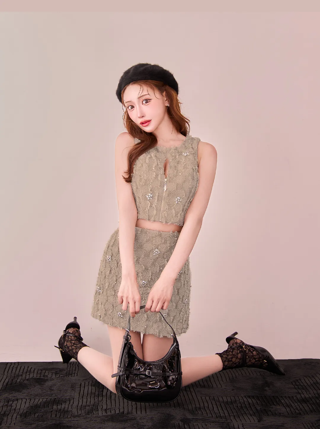 フリンジ / ニット / ベージュ / セットアップ / クロップド / タイト / エレガント / トレンド / 立体編み / ファッショナブル 6