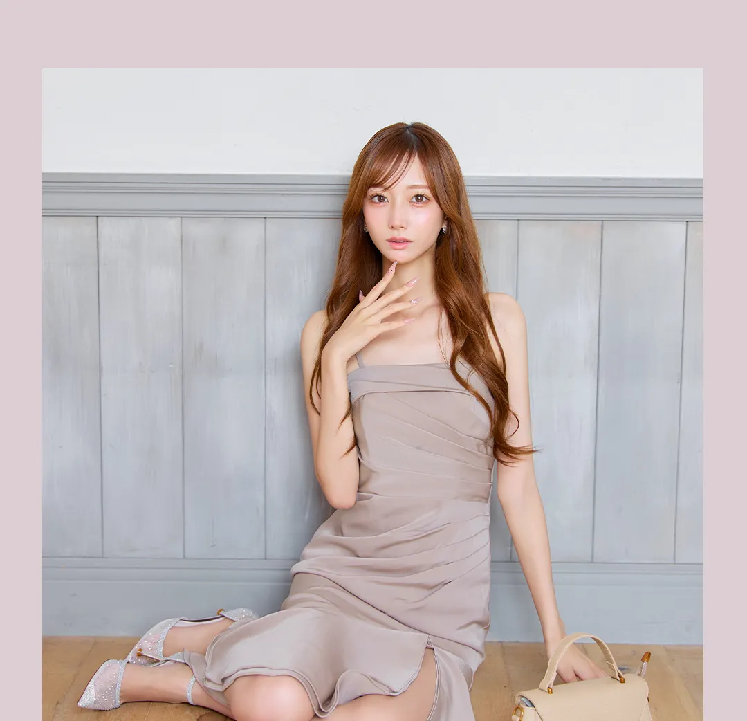 【JEAN MACLEAN/ジャンマクレーン】サテン/ タック/ ワンカラー/ キャミ/ アシンメトリー/ マーメイド/ ミディアムドレス/ キャバドレス5