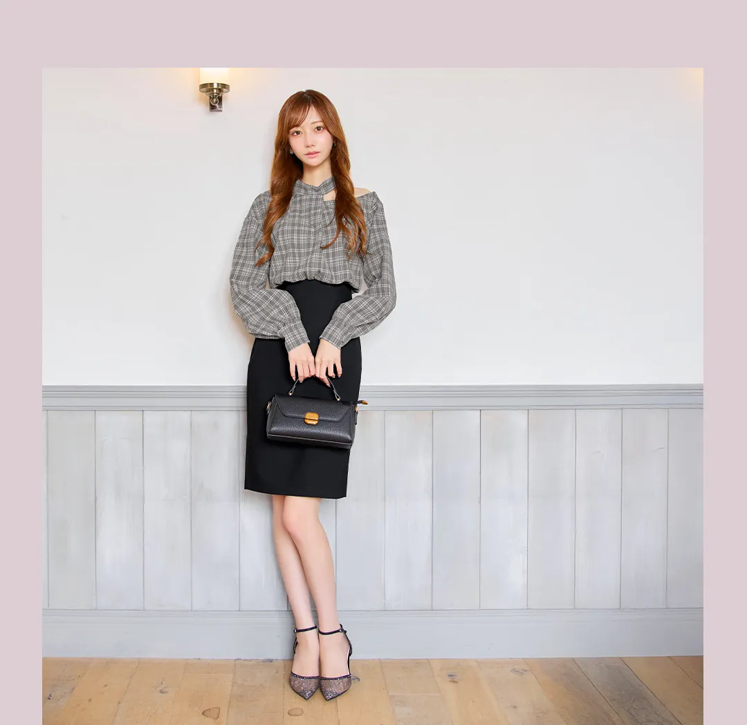 【Veautt/ヴュート】【OF05】アシンメトリーカット/ ロングスリーブ/ チェック/ バイカラー/ ミディアムドレス/ キャバドレス4