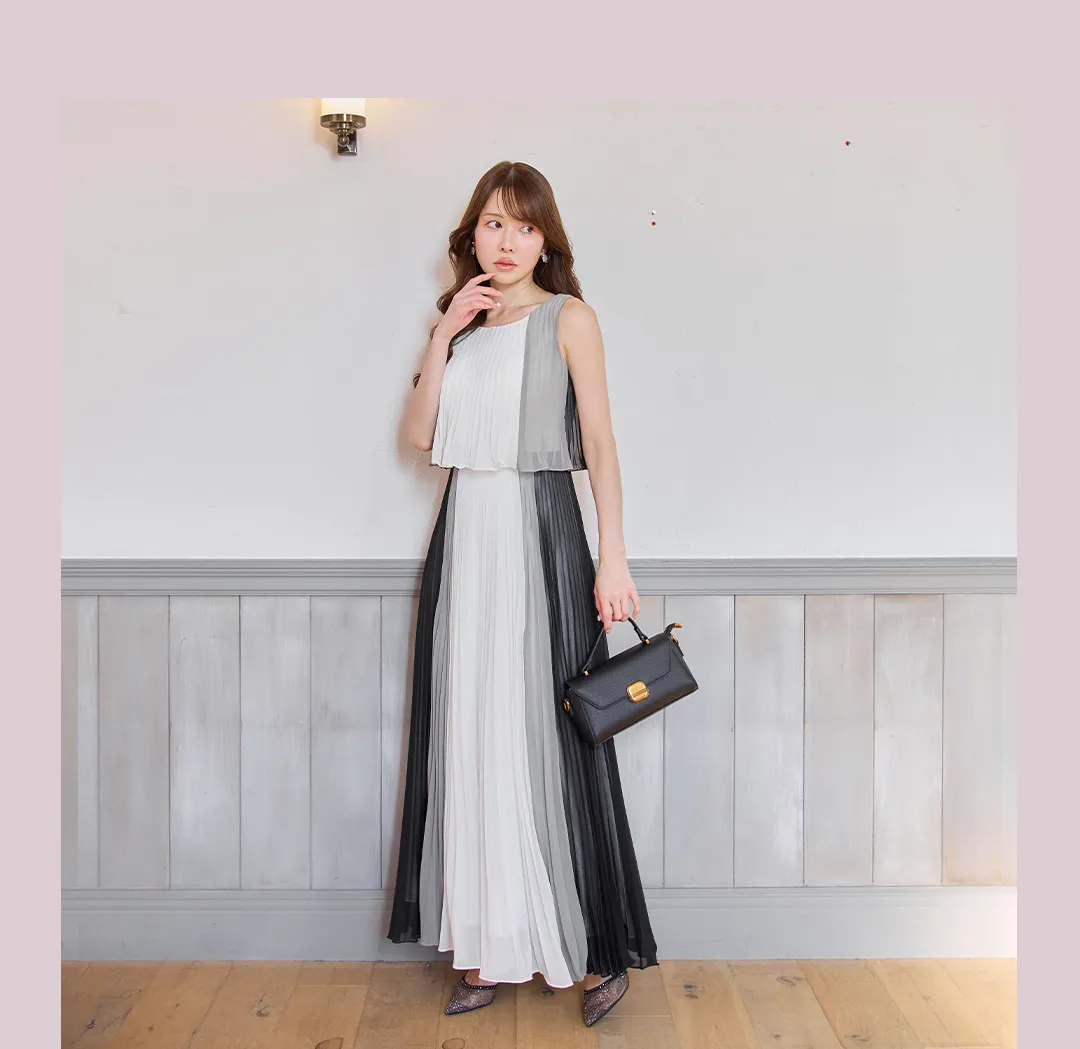 【JEAN MACLEAN/ジャンマクレーン】シフォン/ メロウ/ プリーツ/ マルチカラー/ ノースリーブ/ フレア/ ワンピース/ ロングドレス/ キャバドレス3