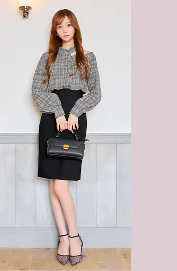 【Veautt/ヴュート】【OF05】アシンメトリーカット/ ロングスリーブ/ チェック/ バイカラー/ ミディアムドレス/ キャバドレス4