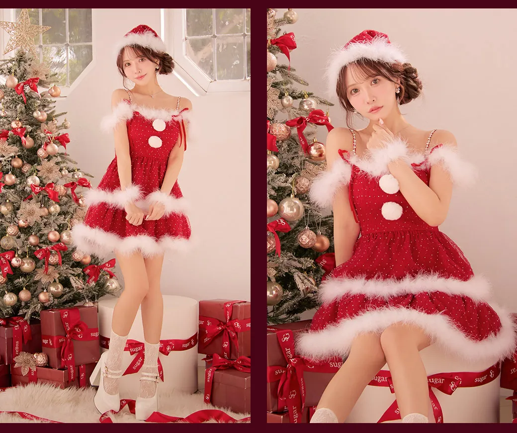 サイドリボンストーンフリルサンタコスプレ