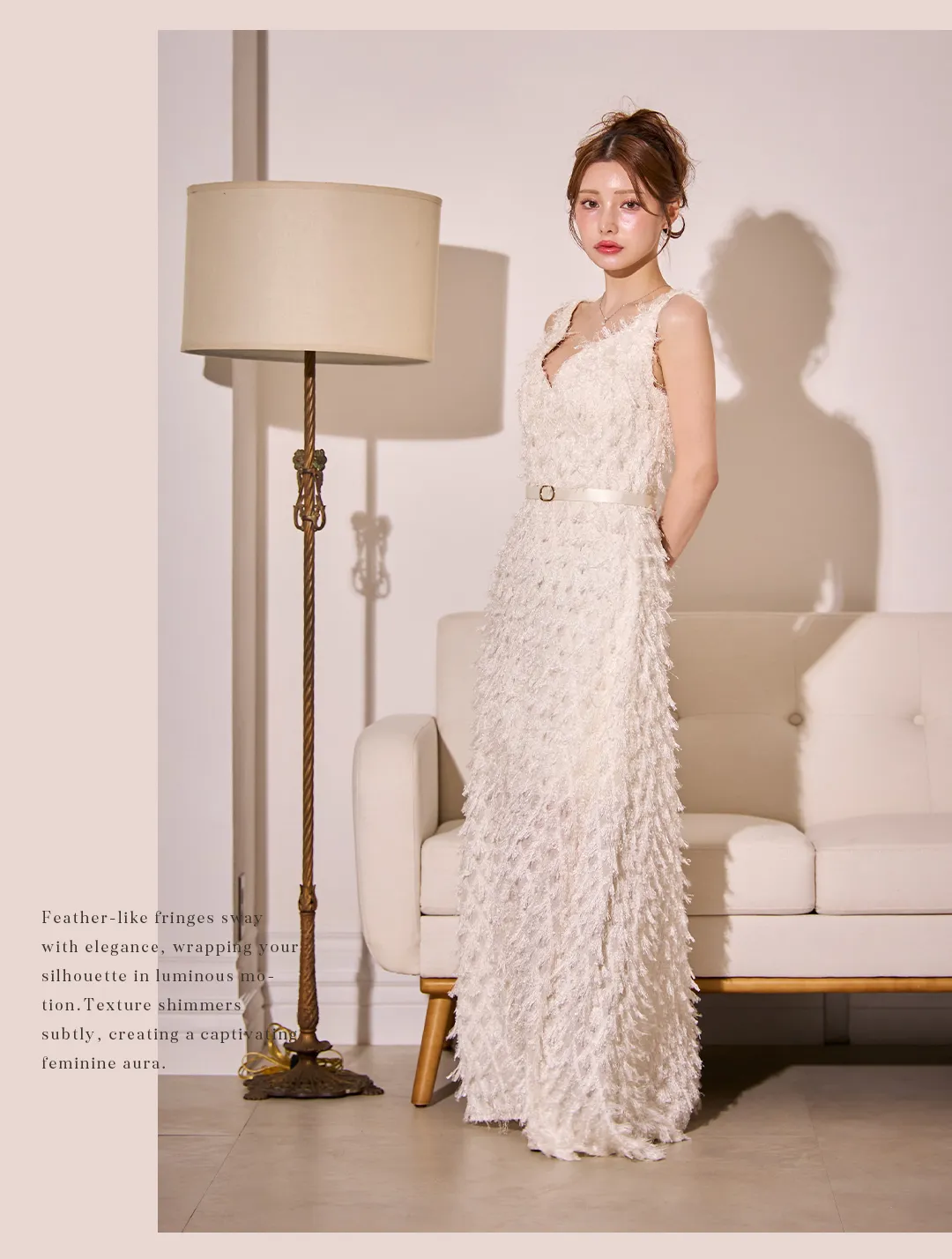 ワンピース / フリンジ / Vネック / サテンベルト / 立体デザイン / 質感映え / エレガント / フェミニン / 上品 / 写真映え 3