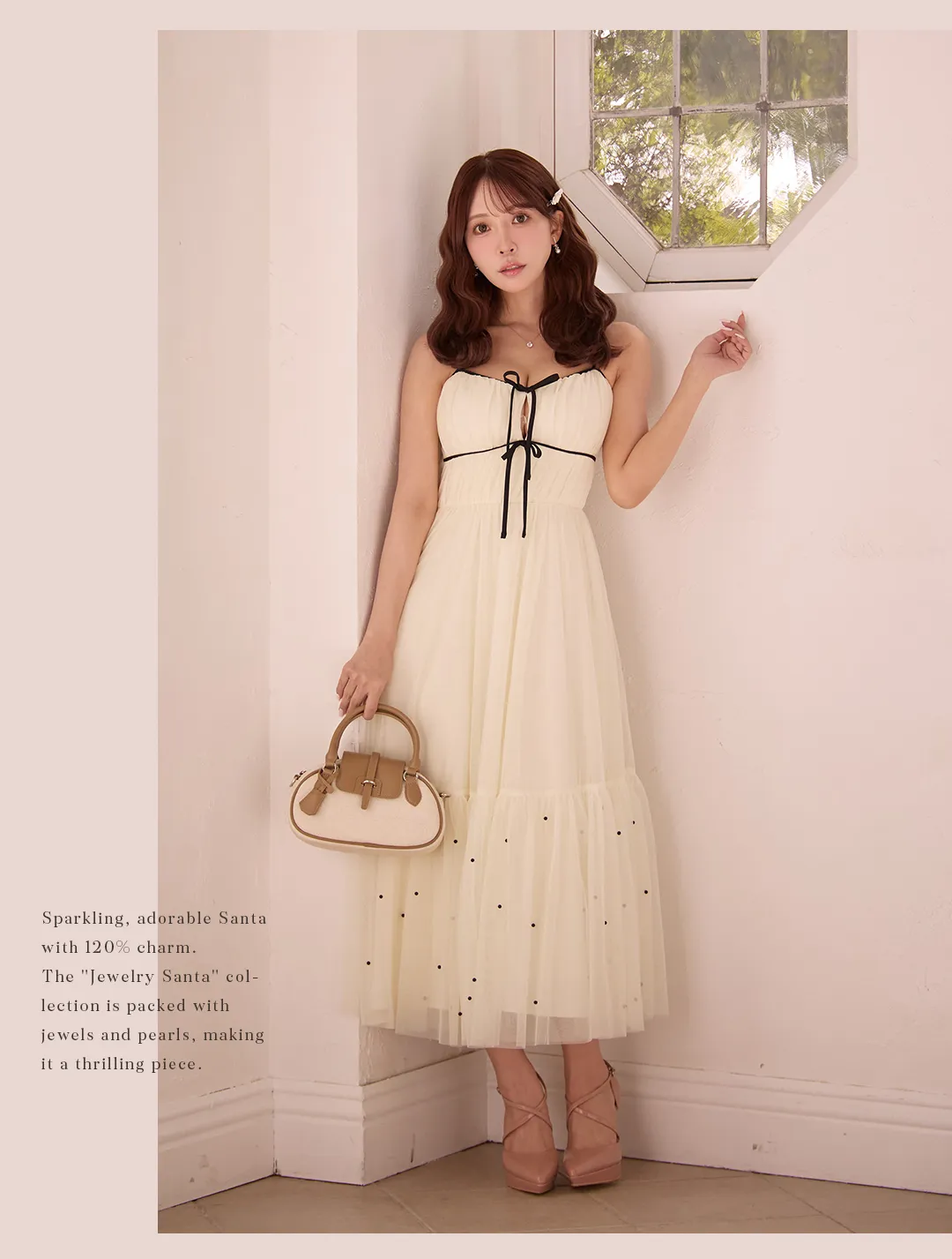 ワンピース / 黒リボン / 配色パイピング / ドット柄 / フィット＆フレア / ウエストマーク / ガーリー / フェミニン / 膝丈 / きれいめ 3