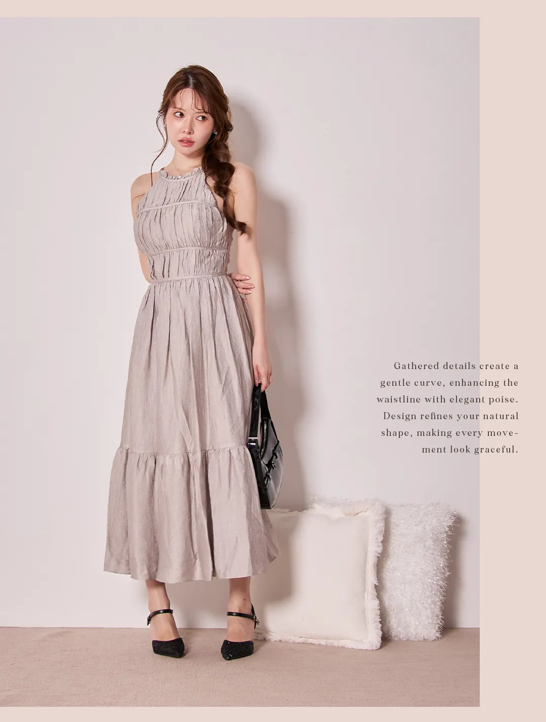 ワンピース / ギャザー / 高め切替 / 胸元すっきり / スタイルアップ / フェミニン / きれいめ無地 / エレガント / ウエストマーク / 美ライン 3