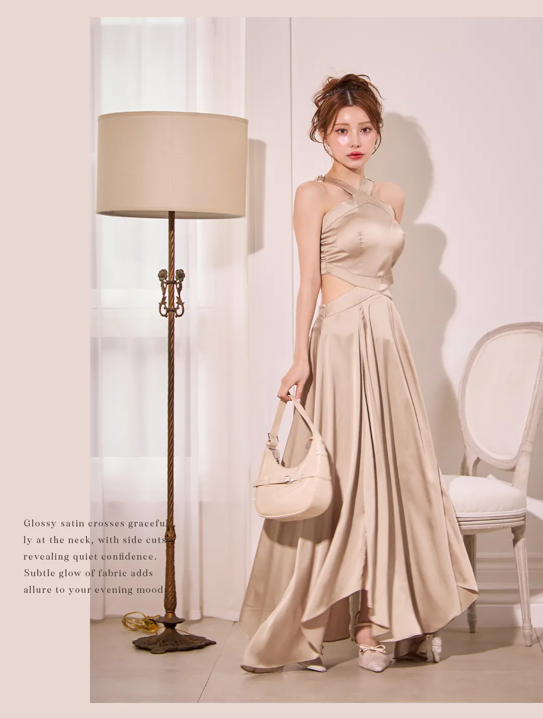 ワンピース / サテン / クロスネック / サイドカット / マーメイドライン / 艶感 / セクシー / ナイトドレス / 大人モード / 美シルエット 3