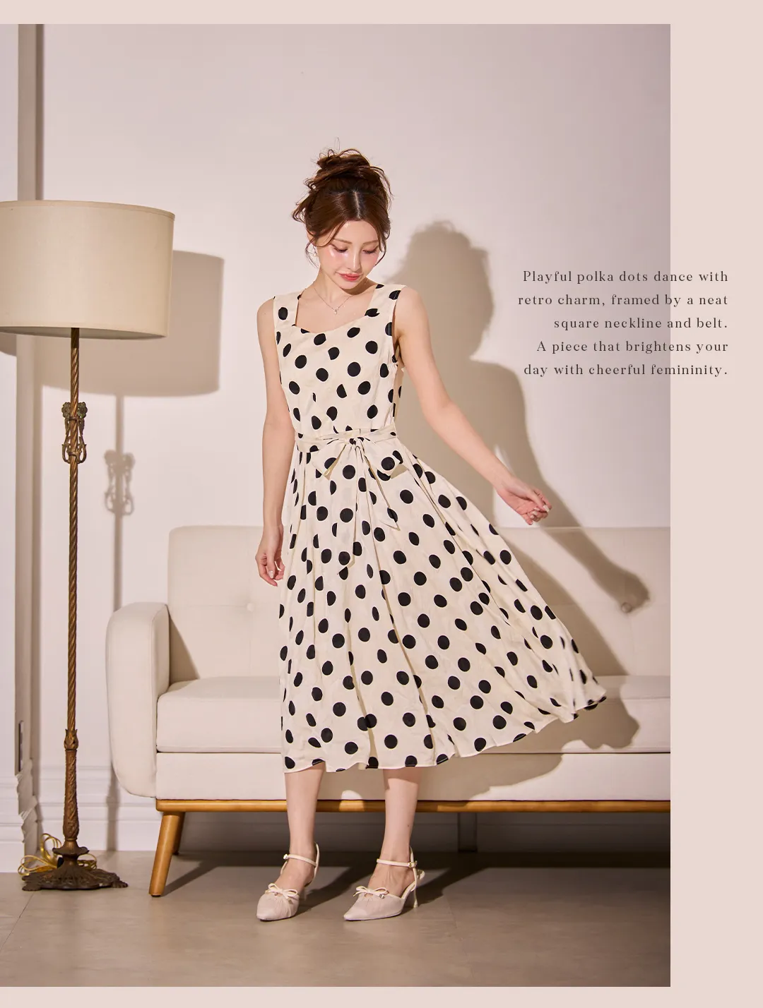 ワンピース / 大粒ドット / スクエアネック / 共布ベルト / レトロ / フィット＆フレア / フェミニン / 可憐 / きちんと感 / デイリードレス 3
