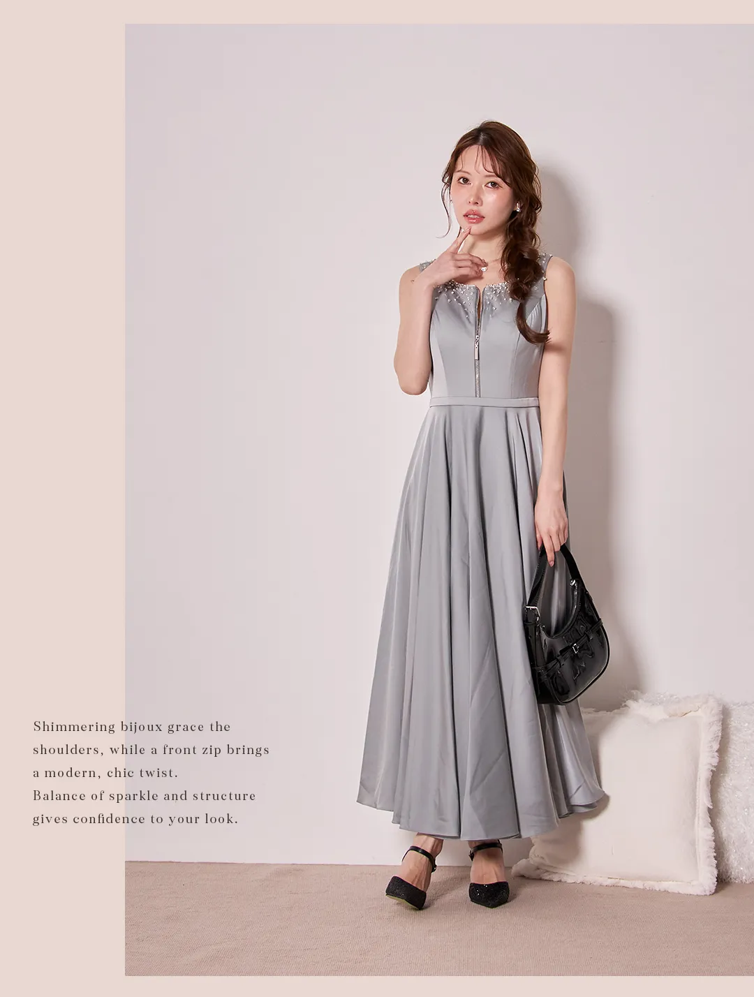 ワンピース / ビジュー / ノースリーブ / フロントジップ / 甘辛MIX / 光沢素材 / 細見え / 上品 / モード / 大人フェミニン 3