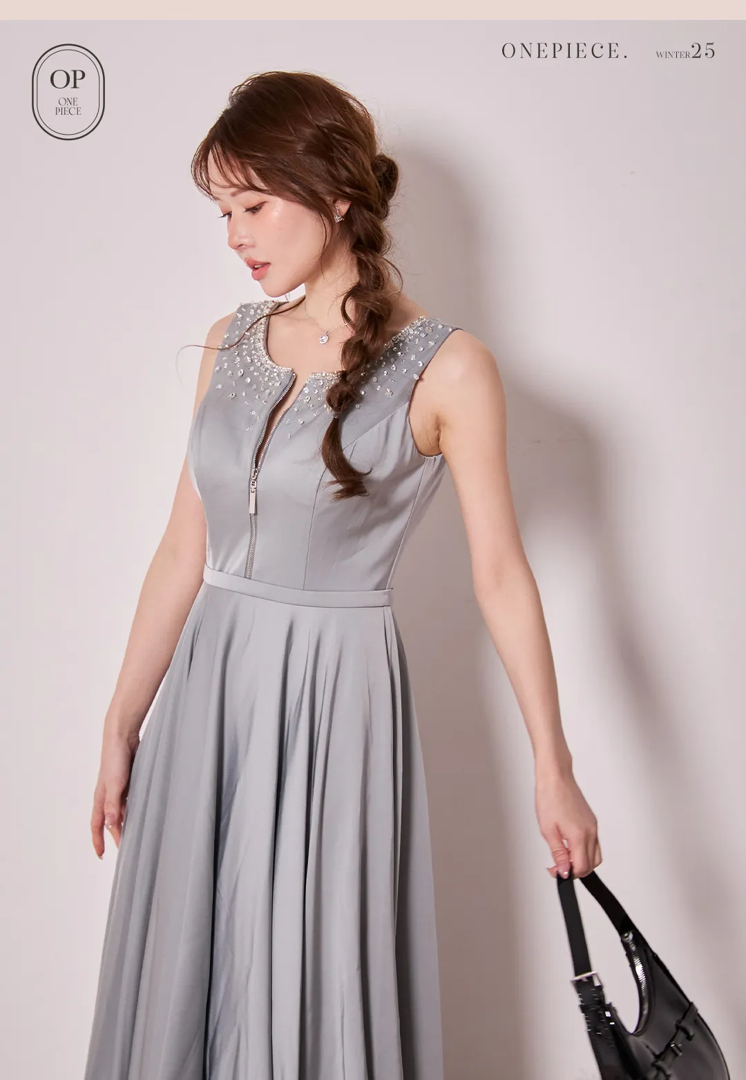 ワンピース / ビジュー / ノースリーブ / フロントジップ / 甘辛MIX / 光沢素材 / 細見え / 上品 / モード / 大人フェミニン 4