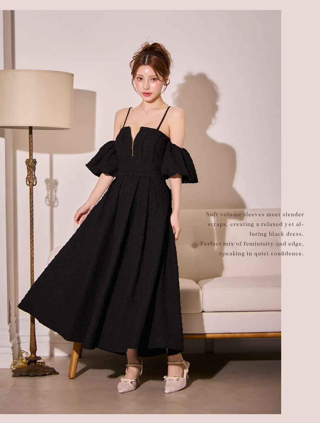 ワンピース / ボリューム袖 / 華奢ストラップ / 深Vネック / ジップデザイン / ブラックドレス / 抜け感 / モード / 大人可愛い / 着映え 3