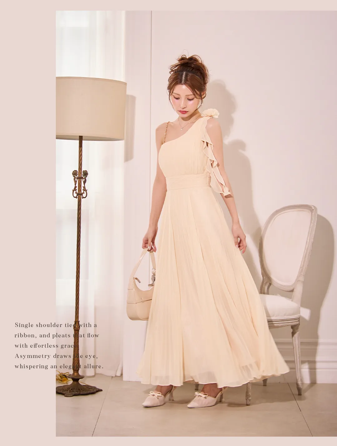 ワンピース / ワンショルダー / 肩リボン / 細プリーツ / 花モチーフ / アシンメトリー / エレガント / 上品 / 華やか / お呼ばれ 3