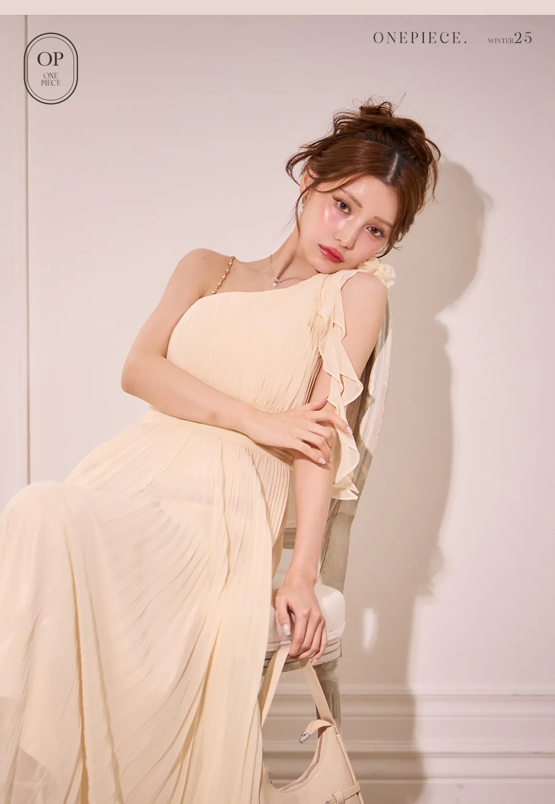 ワンピース / ワンショルダー / 肩リボン / 細プリーツ / 花モチーフ / アシンメトリー / エレガント / 上品 / 華やか / お呼ばれ 4