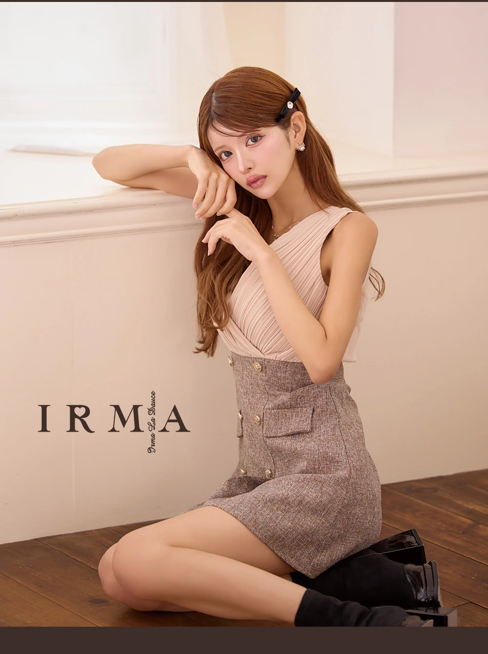【IRMA/イルマ】プリーツ/ シフォン/ Vネック/ ツイード/ 切替/ 台形スカート/ フレア/ ミニドレス/ キャバドレス 4