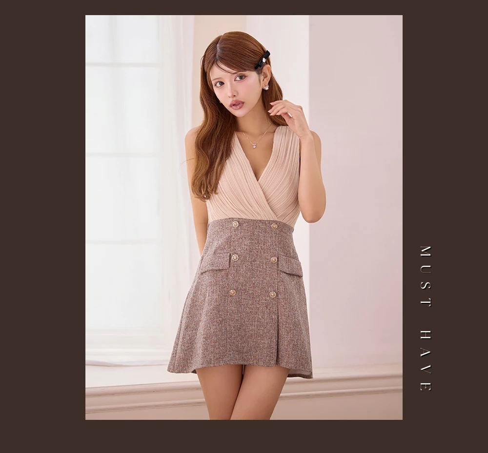 【IRMA/イルマ】プリーツ/ シフォン/ Vネック/ ツイード/ 切替/ 台形スカート/ フレア/ ミニドレス/ キャバドレス 5