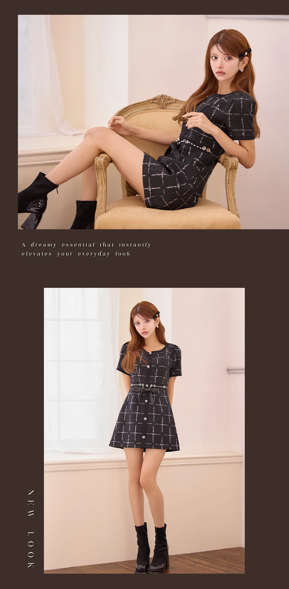 【IRMA/イルマ】ラメ糸/ チェックツイード/ リボンベルト/ 半袖/ 袖あり/ フレア/ ミニドレス/ キャバドレス 2