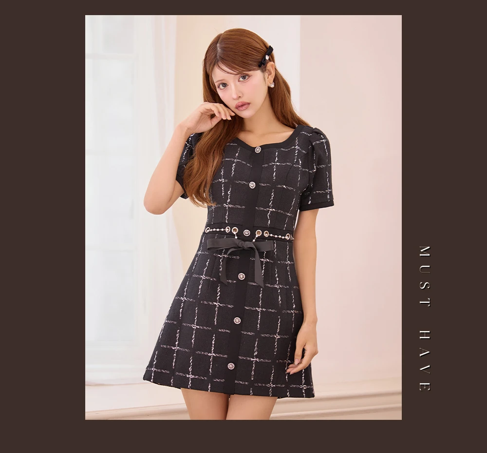【IRMA/イルマ】ラメ糸/ チェックツイード/ リボンベルト/ 半袖/ 袖あり/ フレア/ ミニドレス/ キャバドレス 5